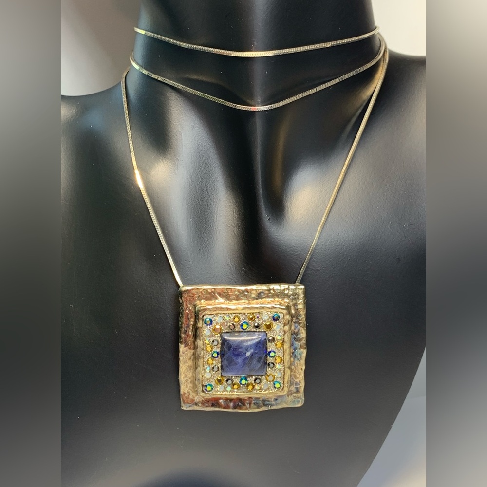 Vintage Artisinal Square Gold Vermeil Sodalite w/Semi-Precious Stones 26” Chain
